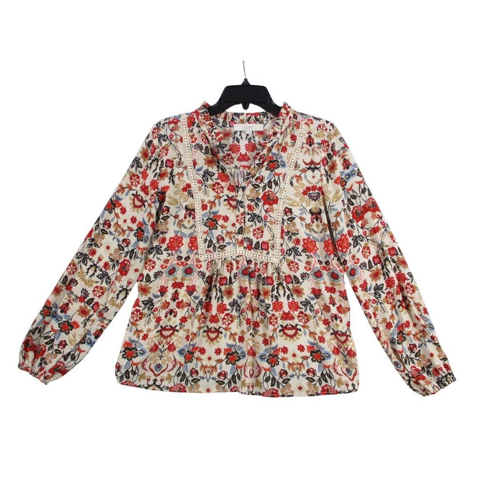 LOFT Floral Print‎ Long Sleeve Peasant Blouse With Lace Trim Size S
